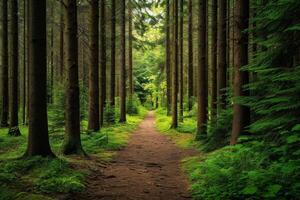 ai generado sendero mediante alto arboles en un lozano bosque foto