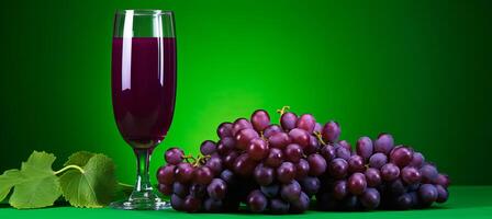 AI generated Refreshing grape juice in glass on wooden table with green background for text placement photo