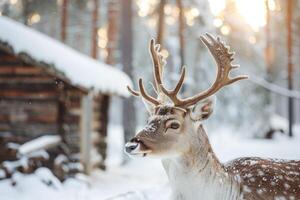 AI generated European fallow deer in winter forest against the background of a snow covered forest hut photo