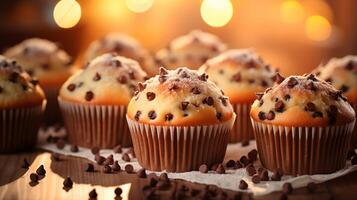 AI generated Delicious homemade chocolate chip muffins on defocused background with space for text placement photo