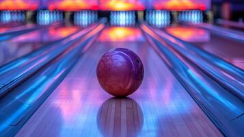 AI generated Bowling strike, ball crashing into pins, intense sport competition or tournament concept. photo