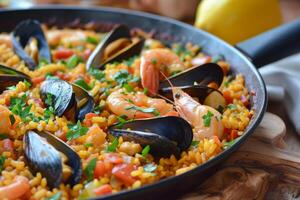 AI generated Delicious Spanish paella highlighting mussels and shrimps. photo