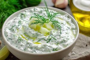 AI generated Traditional greek dip sauce or dressing tzatziki prepared with grated cucumber sour cream yogurt olive oil and fresh dill. photo