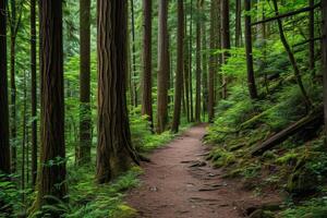 AI generated Trail through tall trees in a lush forest photo