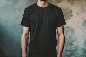 AI generated Mockup for design. Man in black t-shirt in front. photo