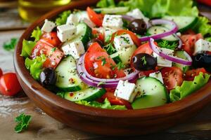 ai generado griego ensalada con queso feta queso y aceituna aceite. griego sano comida foto