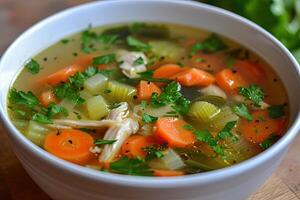 AI generated Homemade chicken vegetable soup. photo