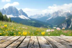 AI generated Wooden table top on blurred background of spring color landscape in dolomites - for display your products photo