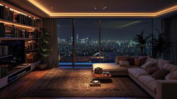 AI generated Realistic living room at night with a cityscape view photo