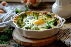 AI generated Baked broccoli with eggs and cheese, vegetarian food. photo