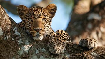 AI generated Leopard is resting on a tree trunk photo