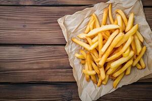 AI generated French fries on tracing paper on board on wooden table photo