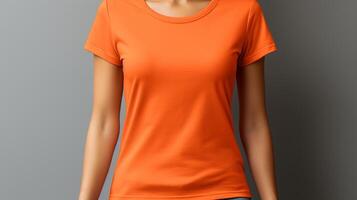 AI generated Mockup template of woman in orange t shirt for design print studio, isolated on light gray wall photo