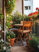 AI generated Beautiful balcony with comfortable chairs, wooden table and many potted flowers plants. Generative AI photo