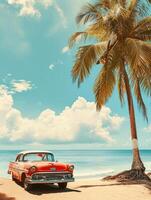 AI generated Red old car parked on a tropical beach photo