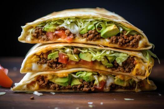 ai generado hecho en casa carne de vaca crujido envolver supremo. supremo nachos cortar en medio y apilado en cada otro foto