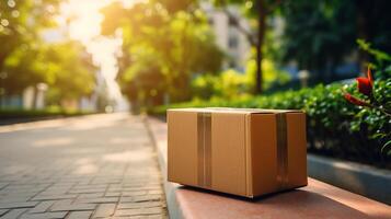 AI generated Online shopping delivery service concept  cardboard parcel box delivered to front doorstep photo