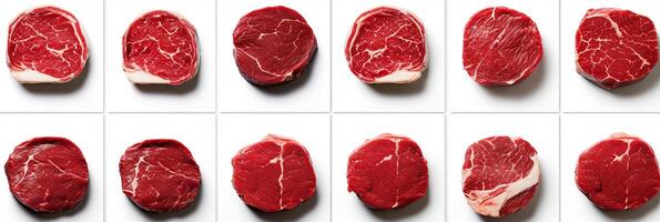 ai generado clasificado crudo carne productos dividido con blanco vertical líneas en collage con brillante blanco ligero foto