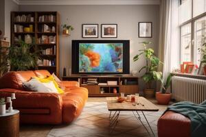 ai generado un vivo habitación con un televisión y un sofá foto