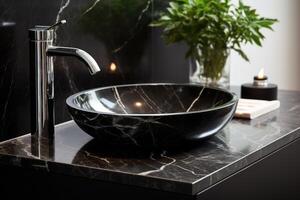 AI generated Stylish black marble round vessel sink and chrome faucet. Minimalist interior design of modern bathroom. photo