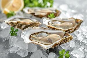 AI generated Fresh oysters on a bed of ice. photo