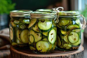 ai generado vaso frascos con en escabeche pepinos marinado en escabeche pepinos foto