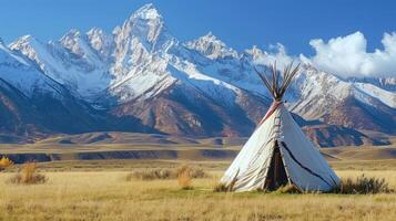 AI generated Tent with mountains in background. photo