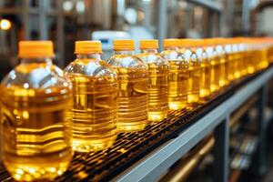 AI generated Bottling line of sunflower oil in bottles. Vegetable oil production plant. Industrial background photo