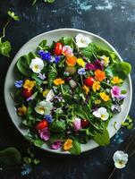 AI generated Fresh salad of spring vegetables decorated with edible flowers photo