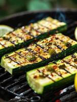 AI generated Grilled organic zucchini with lemon in the garden. photo