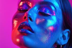 ai generado Moda cara mujer en vistoso brillante neón uv azul y púrpura luces, brillante neón maquillaje foto