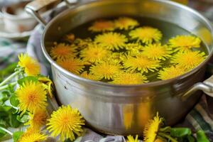 ai generado diente de león flores escogido en primavera macerar en agua en un maceta. preparación de herbario jarabe foto