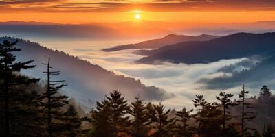 ai generado montaña paisaje con boscoso colinas con niebla en el Valle a amanecer. asombroso natural paisaje foto