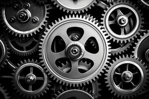 AI generated Retro black and white background of industrial cogs or gears with movement photo