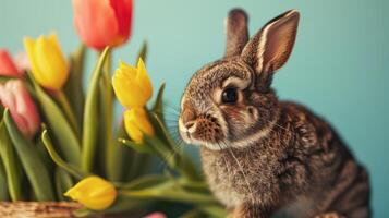 ai generado Pascua de Resurrección conejito con tulipanes flor en un azul antecedentes foto