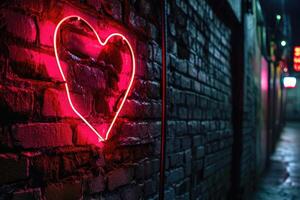 AI generated Red light neon shaped heart on a brick wall, valentines day photo