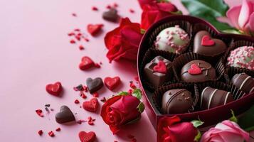 ai generado corazón conformado caja de chocolate bombones con rojo rosas para San Valentín día aislado en rosado con Copiar espacio. foto