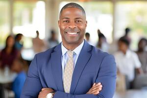 AI generated Cheerful male teacher in elementary school classroom with focused and eager students photo