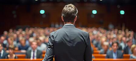 AI generated Professional speaker at business conference and presentation, rear view of audience and speaker photo