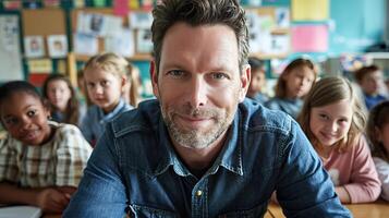 ai generado sonriente masculino profesor en elemental colegio salón de clases con ansioso estudiantes escuchando y aprendizaje foto