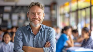 AI generated Smiling male teacher in elementary school classroom with students learning in the background photo