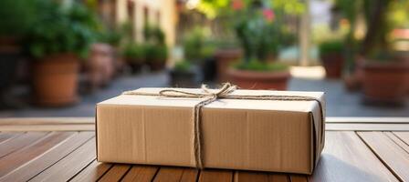 AI generated Online shopping delivery service conceptcardboard package delivered to front doorstep photo