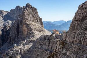 Mountain peaks in the Dolomites Alps. Beautiful nature of Italy. Chalet Pedrotti. photo