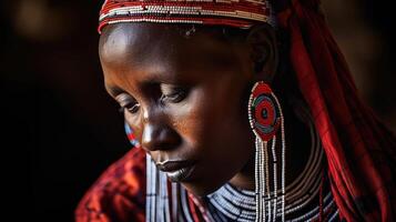 AI generated Maasai woman and traditional beaded adornments reflecting her identity. photo