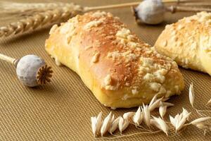 Fresh pastry with cottage cheese. Handmade buns. Rustic style food. photo