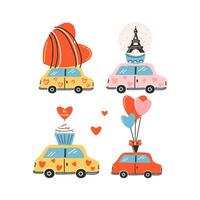 Set of elements for St. Valentine's Day, car that carries the heart, eiffel tower, cupcake with a heart, balloons. Symbol of love, romance. vector