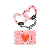 Set of elements for St. Valentine's Day, fluffy handcuffs in the shape of a heart, condom. Symbol of love, romance. vector