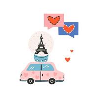 conjunto de elementos para S t. San Valentín día, coche con vaso capa con eiffel torre, diálogo íconos con corazón, rosado y azul. símbolo de amar, romance. vector