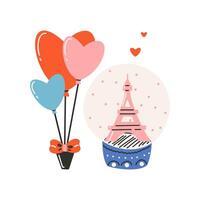 conjunto de elementos para S t. San Valentín día, vaso capa con eiffel torre y corazones, globos son atado con un arco. símbolo de amar, romance. vector