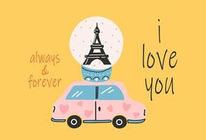 Card template for Saint Valentine's day, 14 february. Hand drawn cards with car that carries the glass layer with eiffel tower, heart, text. vector